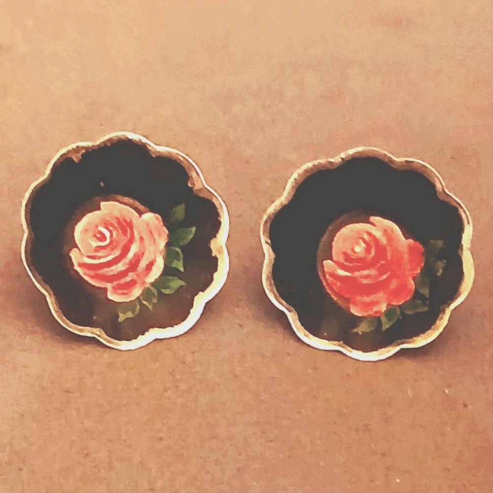 Sterling Silver Vintage Tole Tray Hand Painted Floral Screwback Earrings